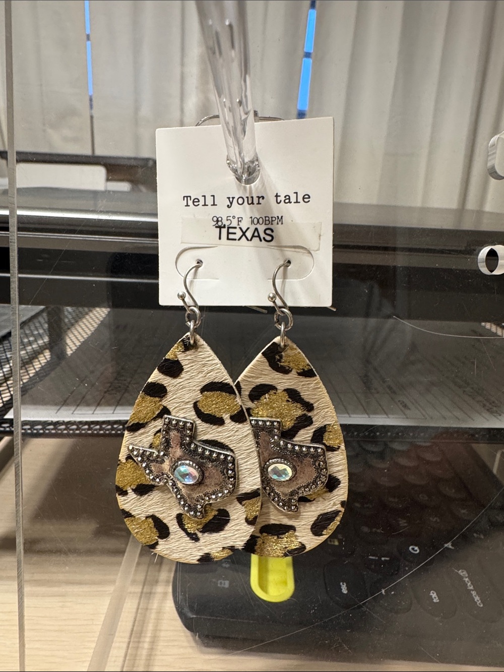 Tell Your Tale Texas Leopard Teardrop Earrings with Rhinestone Accent